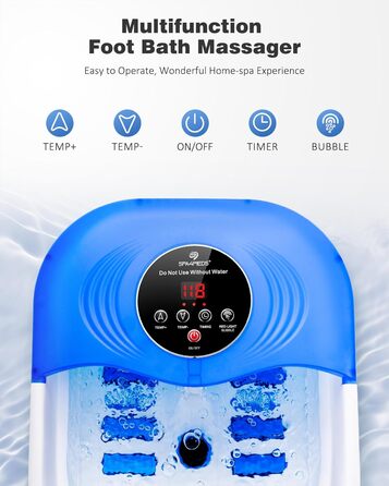 Ванночка для ніг з масажем та підігрівом, таймером – складана ванночка з бульбашками та пемзою, масажер для ніг з водою та 8 роликів – ідеальний подарунок (Блакитний)