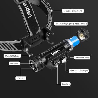 Ліхтар на лоб Lepro, акумуляторний, IP65, 1000 люмен, знімний LED, червоне світло, 6 режимів, для кемпінгу, спорту, риболовлі, майстерні, з USB-C кабелем
