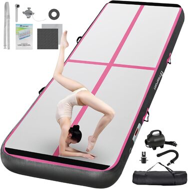 FBSPORT Airtrack Matte -Гімнастичний надувний мат, 600x100x20 см, чорний/рожевий