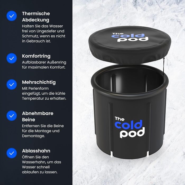 Тонна для криотерапії Eisbad для спортсменів з кришкою, портативна ванна для криотерапії, Cold Pod, складана надувна ванна для внутрішнього та зовнішнього використання (75 см)