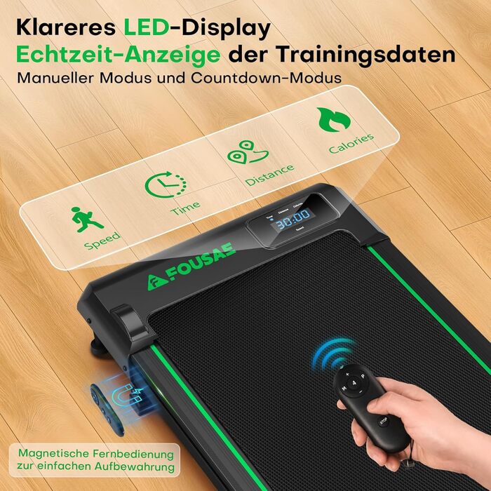 Walking Pad FOUSAE: Бігова доріжка для дому з регулюванням нахилу до 9%, LED-дисплеєм, пультом керування та мобільним додатком, 12 програм, до 150 кг, чорно-зелений
