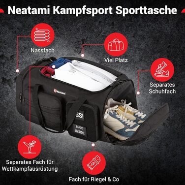 Спортивна сумка для бойових мистецтв 50L чорна для дзюдо, джиу-джитсу, карате з окремими відділеннями та відділенням для взуття