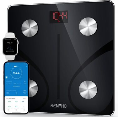 RENPHO Смарт-вага для аналізу складу тіла, Bluetooth, 180 кг, чорна, із додатком, визначає жирову масу, ІМТ, м’язову масу, білок, BMR, 280 мм
