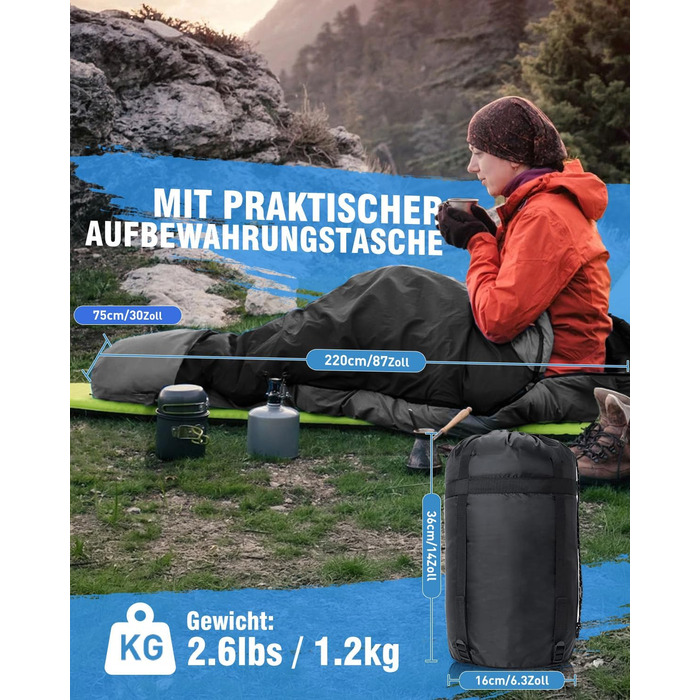 Сплячий мішок 3-4 сезони, водонепроникний, ультралегкий, для дорослих та дітей, з внутрішньою кишенею, 220*75см (зелений/чорний)