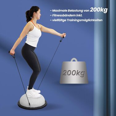 Балансувальний м'яч DH FitLife для йоги та фітнесу, діаметр 60 см, до 200 кг, напівсфера з насосом і 2 фітнес-стрічками, сірий