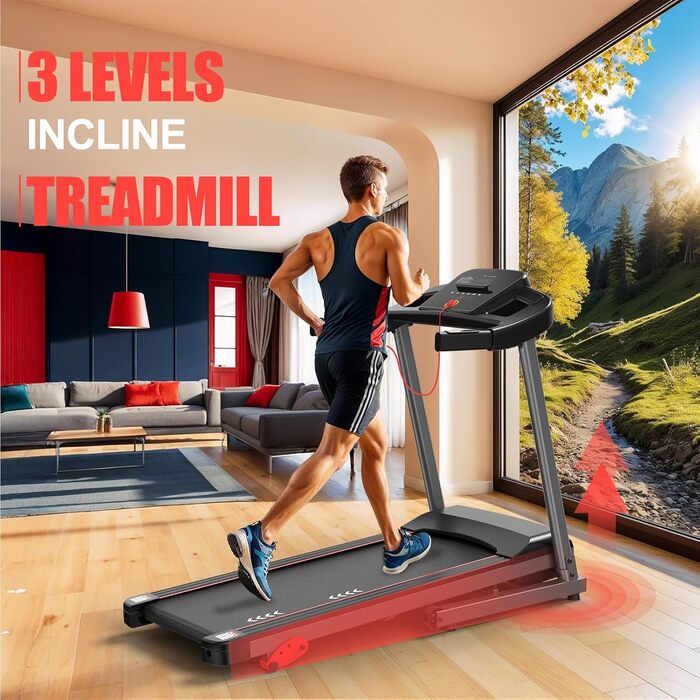 CharonFit T300: Складний біговий тренажер для дому з регулюванням нахилу до 12 км/год, 2.5 PS, вантажопідйомність 120 кг, сумісний з додатком, 2 роки гарантії, чорний
