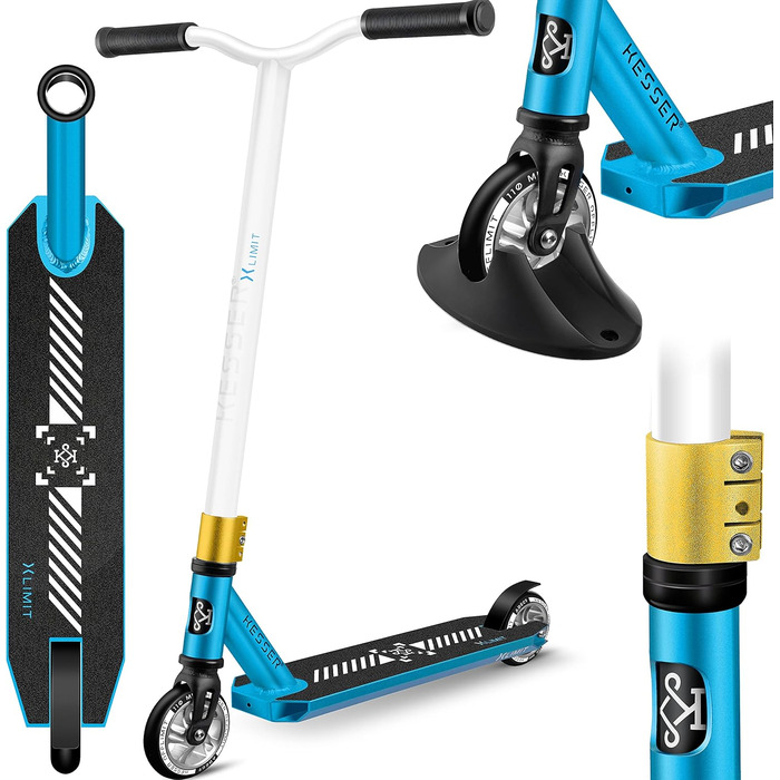 Трюковий самокат KESSER X-Limit-Pro 360° з підніжкою, підшипники ABEC 9, 110 мм PU колеса, для дітей і дорослих, Petrol Blue/White