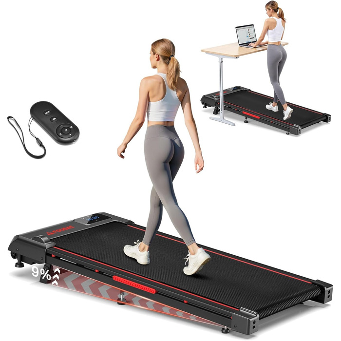 Бігова доріжка Walking Pad для дому з нахилом 9%, швидкість 1-10 км/год, потужність 2.5HP, LED-дисплеєм, дистанційним керуванням та 12 програмами, амортизація, до 150 кг, чорно-червона