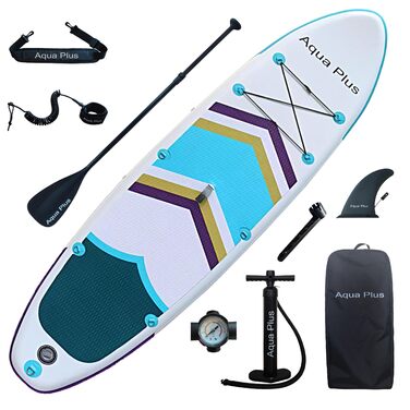 Надувне SUP Aqua Plus 15см: дошка для SUP, весло, насос, рюкзак. Підходить для будь-якого рівня підготовки. Розмір 335x83x15см, кольори: фіолетовий, жовтий, зелений.