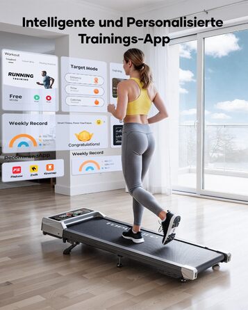 Бігова доріжка для дому Laufband з кутом нахилу 10%, 1-10 км/год, під стіл, 3.0 к.с., тихий мотор, електрична, LED-дисплей, пульт ДУ, додаток, срібляста