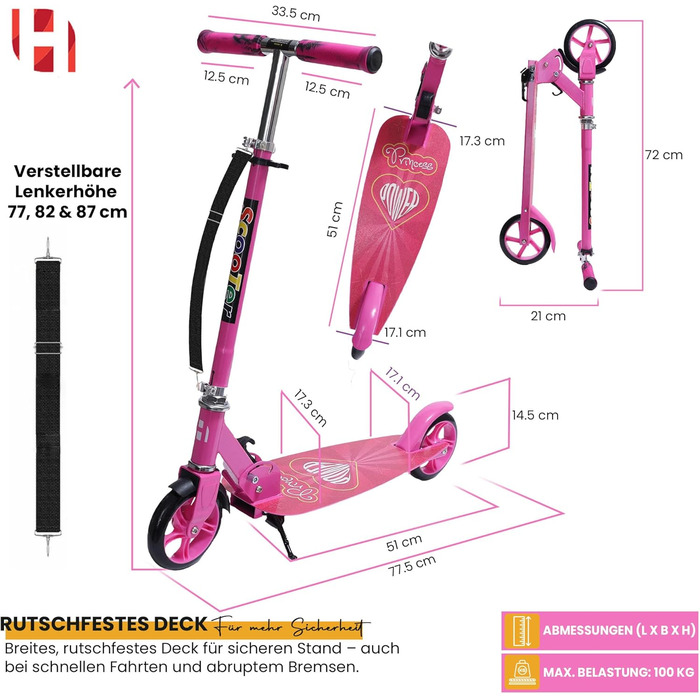 Самокат дитячий Habib Cityroller складаний, рожевий, для дітей та підлітків (6-16 років), з регульованою висотою керма та широкою декою