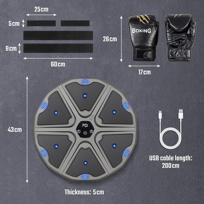 Музична боксерська машина Todeco з LED, Bluetooth, рукавичками та настінною ціллю - 9 режимів швидкості та режим підрахунку для дітей та дорослих