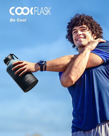 Термос пляшка для води 2 л Coolflask з нержавіючої сталі з трубочкою та 3 кришками, подвійна вакуумна ізоляція, для спорту та офісу, сірий, не протікає