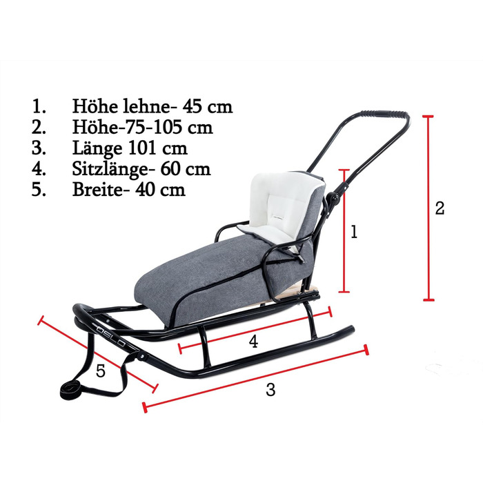 Металевий санний Oslo з підніжкою, ременями безпеки, ручкою для штовхання та мішком для ніг. Ідеальний для дітей та дорослих. Максимальне навантаження 120 кг. Колір: сірий