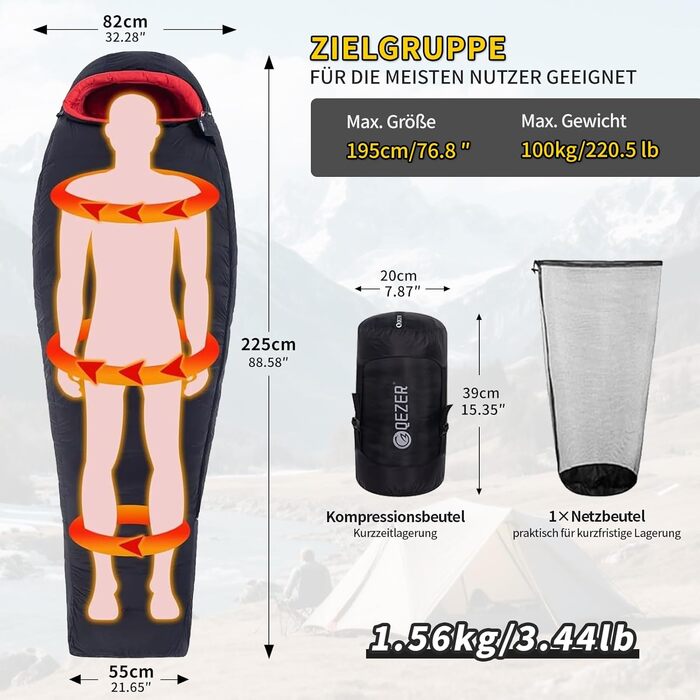 Сплячий мішок для дорослих та дітей, зимовий легкий, Outdoor 8°C ~ -30°C для кемпінгу та альпінізму, 650 FP гусячий пух, чорний, 1000г