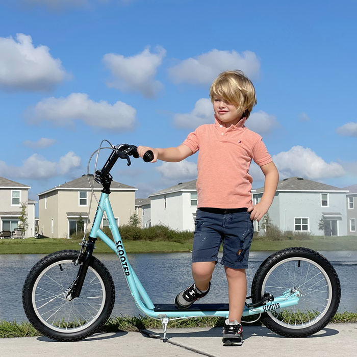 Дитячий самокат HOMCOM Скутер Складаний Kick Scooter з пневматичною шиною та ручним гальмом, Міський самокат, пригоди для дітей від 5 років, 16 дюймів | Аосом