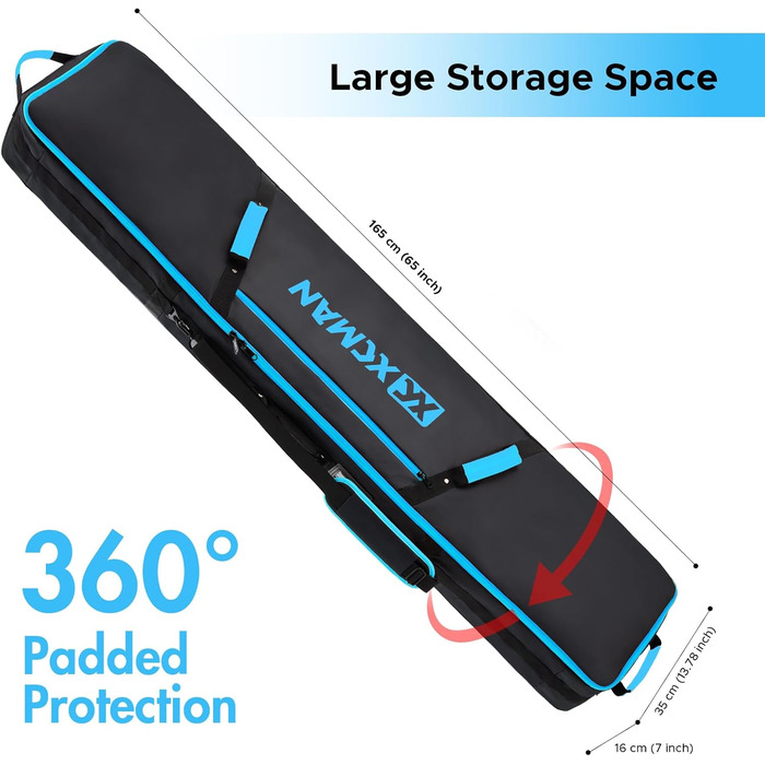 Чохол для сноуборду XCMAN для подорожей літаком – повністю м'який, водонепроникний, для сноуборду та черевиків, чорний, 165 см