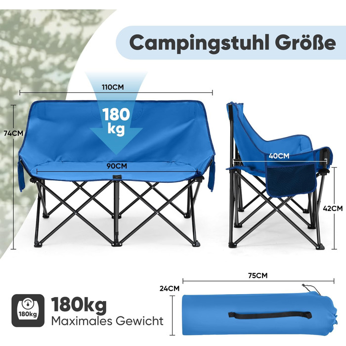 Складне крісло-диван для кемпінгу Sunula на 2 особи - портативне крісло з підлокітниками та сумкою, ідеально для пікніків, кемпінгу, саду, балкону, намету та риболовлі. Синій, 110 см