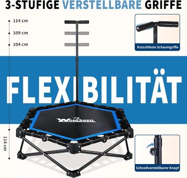 Складаний фітнес-батут для дому з регульованою ручкою, Ø 86.5 см, навантаження до 150 кг, синій — для дорослих та дітей