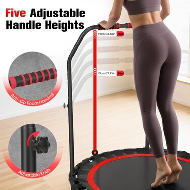 Міні-батут для фітнесу 101 см, вантажопідйомність 200 кг, портативний, з регульованою ручкою, червоний