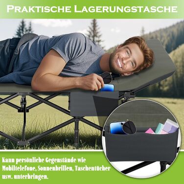 Розкладне ліжко для кемпінгу FIVMEN 185x75 см з матрацом, подушкою та кишенею, до 250 кг, для відпочинку на природі, риболовлі та гостей