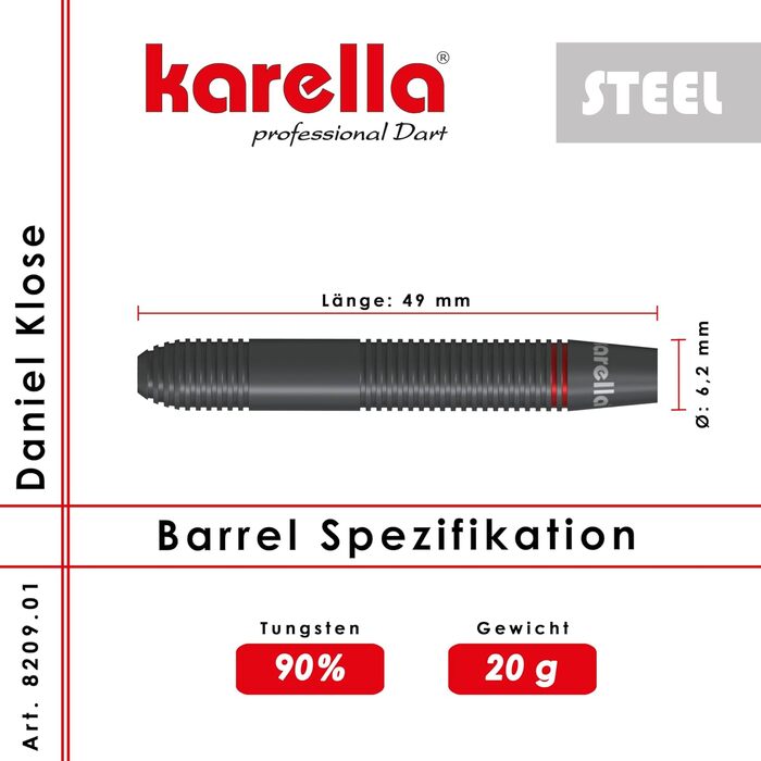 Дартси Karella Steeldart Daniel Klose 90% вольфрам, 20 г, набір з 3 сталевими дротиками та 2 комплектами оперень для класичної дартс-мішені