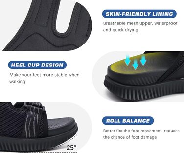 Чоловічі спортивні сандалі KuaiLu з м'якою устілкою, ортопедичні для фасціїту, для активного відпочинку та походів, легкі, відкриті, з регульованою застібкою-липучкою, чорні, 45 EU