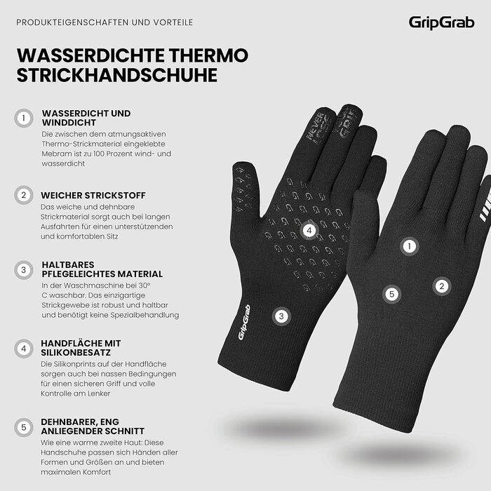 Велосипедні рукавички GripGrab: водонепроникні терморукавички для їзди на велосипеді, чорні, XS-S