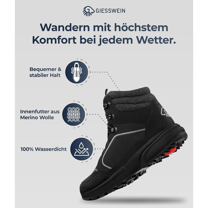 Чоловічі водонепроникні трекінгові черевики Giesswein Wool Cross X Alpine - зручні та теплі, з 100% мериносової вовни, для хайкінгу та походів, чорний колір, 45 EU