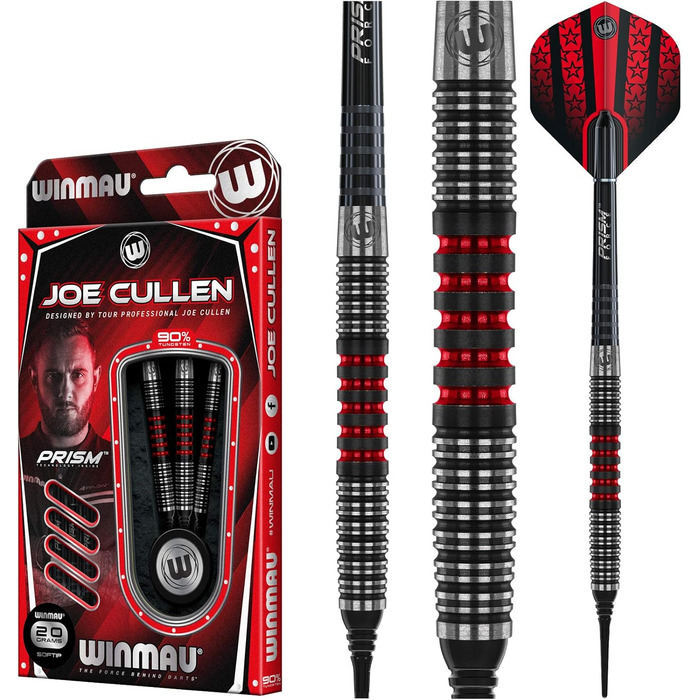 Дартс WINMAU Joe Cullen 18 г вольфрамові з м'яким наконечником, комплект з перами Prism та стержнями