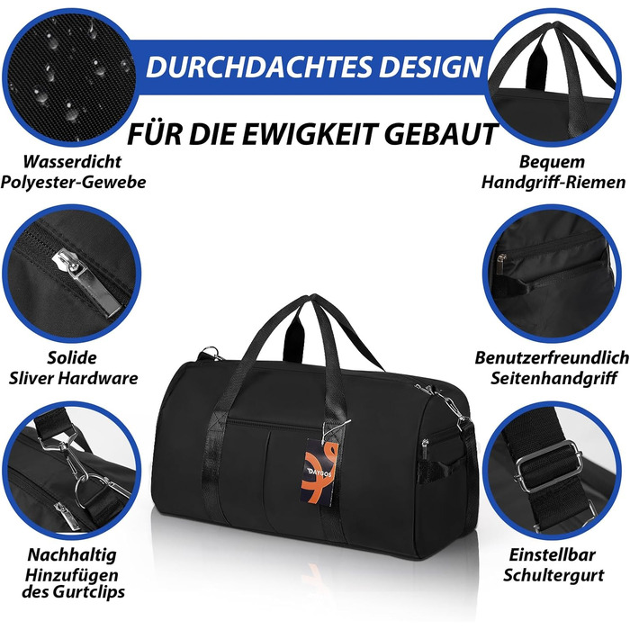 Спортивна сумка DAYGOS для чоловіків, 40л: водонепроникна сумка для тренувань, спортзалу, подорожей (чорна)