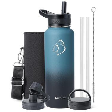 Термос-пляшка Buzio з нержавіючої сталі 1180 мл з трубочкою, ізольована, для спорту, витік захищений, Indigo Black