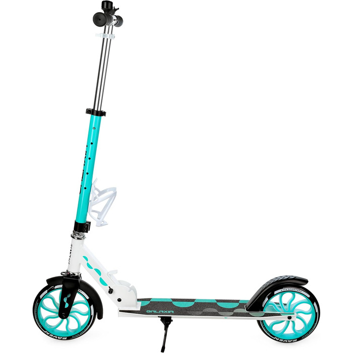 Самокат Raven Galaxia White/Mint для дорослих та дітей, складаний, 200 мм, без ручного гальма, з дзвінком і тримачем для пляшки