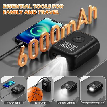 Електрична велосипедна помпа 6000mAh, портативний міні компресор для шин 10,3 бар, бездротова акумуляторна помпа з автостопом, 150PSI для авто, велосипеда, мотоцикла, м'ячів