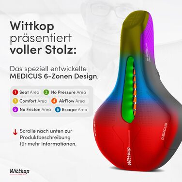 Велосипедне сідло WITTKOP з інноваційною системою 5 зон Medicus та ортопедичною піною Memory Foam. Зручне сідло для жінок та чоловіків. MTB, Trekking, City Trekking сідло