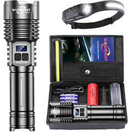 WOWNIGHT LED ліхтарик на акумуляторі 1000000 люмен, 2 режими, USB-C, тактичний, регулювання яскравості, налобний, для кемпінгу та надзвичайних ситуацій, чорний обсидіан