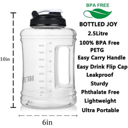 Спортивна пляшка для води Vennerli 2,5 л з мірною шкалою та ручкою, витокозахисна, чорна, прозора