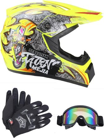 Мотошолом Motocross з рукавичками та захисними окулярами для дорослих та підлітків, жовтий, розмір M