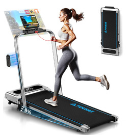 Біговий тренажер для дому 5-в-1, складаний, з регулюванням нахилу до 9%, потужність 2.75HP, LED-дисплей, сумісність з додатком, 12 програм, срібно-блакитний, 12 км/год