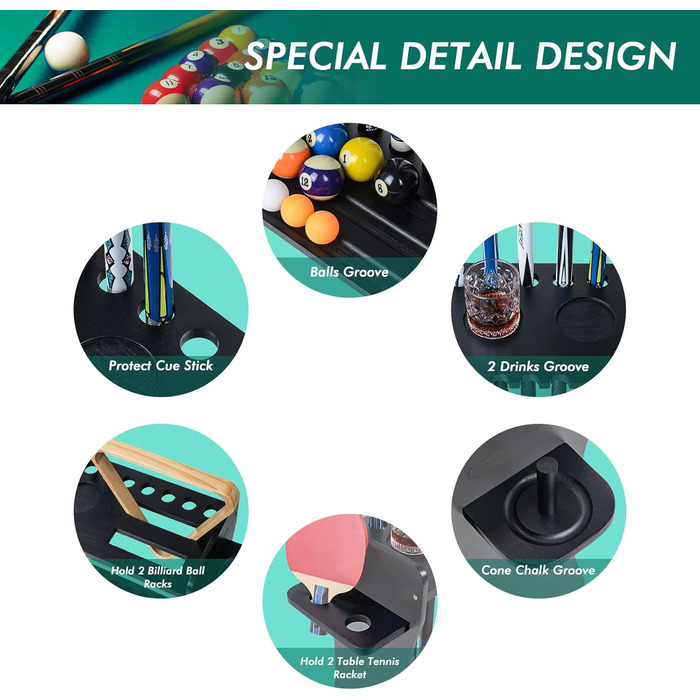 Підставка для бильків XCSOURCE 2-в-1: для бильків та шатків для пінг-понгу. Масивна дерев'яна підставка на підлозі, вміщує 9 бильків. Комплект з м'ячиками, аксесуари для більярду та пінг-понгу. Чорний колір.