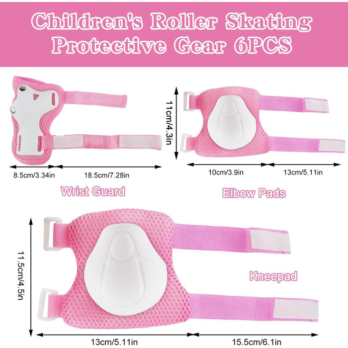 Набір наколінників Kinder 6 в 1: захист для колін, ліктів та зап'ясть. Підходить для скейтбордингу, інлайнів, Hoverboard, велосипеда (Рожевий, Білий)