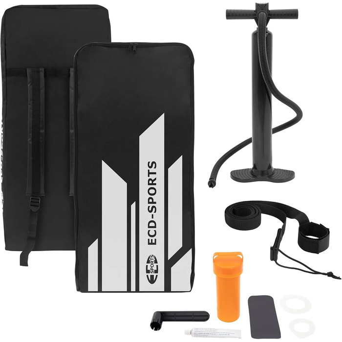 Надувна SUP-дошка ECD Germany 320x82x15 см з каяк-сидінням, комплект аксесуарів, чорна/блакитна/бірюзова/сіро-оранжева, ПВХ, алюмінієве весло, для серфінгу та веслування