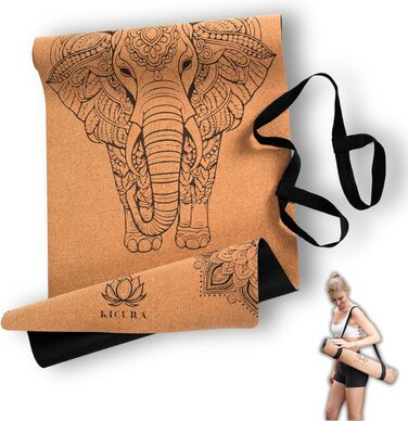 Кікура Йога-мат з корку та натурального каучуку з мотивом слона – Нековзна преміум-мат, 4 мм, з ремінком – Екологічна, 3 розміри (M, L, XL), XL - 200x68x0,4 см
