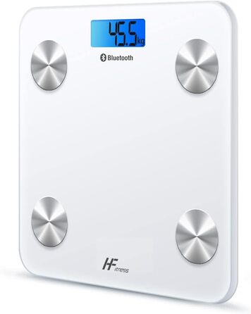 Інтелектуальна вага для тіла HomeFashion HFitness з Bluetooth, вимірювання жиру, BMI, iOS/Android, 28x28 см, білий корпус з блакитною підсвіткою