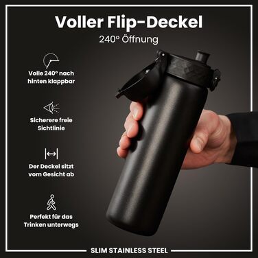 Сталева пляшка для води ION8 Evo Steel, 600 мл, герметична, з одним натисканням та замком, чорна