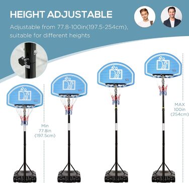 Баскетбольний кошик HOMCOM з регульованою висотою 197,5-254 см, переносний з колесами, поліетиленове кільце