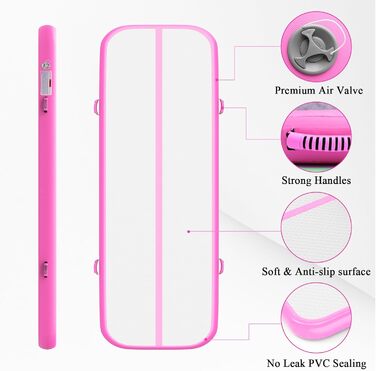 Надувний гімнастичний мат для тамблінгу та йоги з насосом, мат для стрибків та черлідингу, 300x100x10 см, рожевий