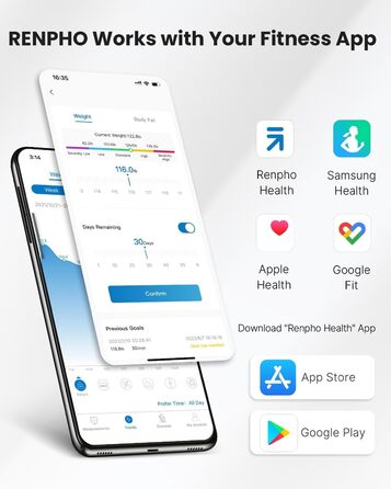 Розумні ваги RENPHO з Bluetooth, аналізатор жиру, м'язової маси, ІМТ, ваги, води, білка, кісткової маси, BMR, чорні, 270 мм