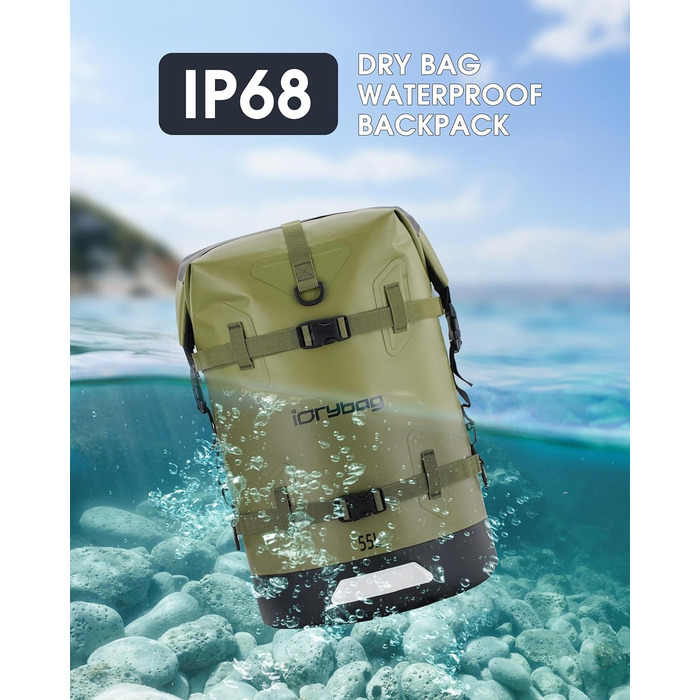 Водонепроникний рюкзак IDRYBAG 55L для подорожей, каякінгу, плавання та paddle-boarding, зелений