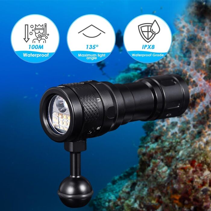 Willcrew DX70: Потужний водонепроникний дайверський ліхтар з регулюванням яскравості та UV/Red світлом, 3000 люменів, 100 метрів, для дайвінгу та фото/відео зйомки під водою